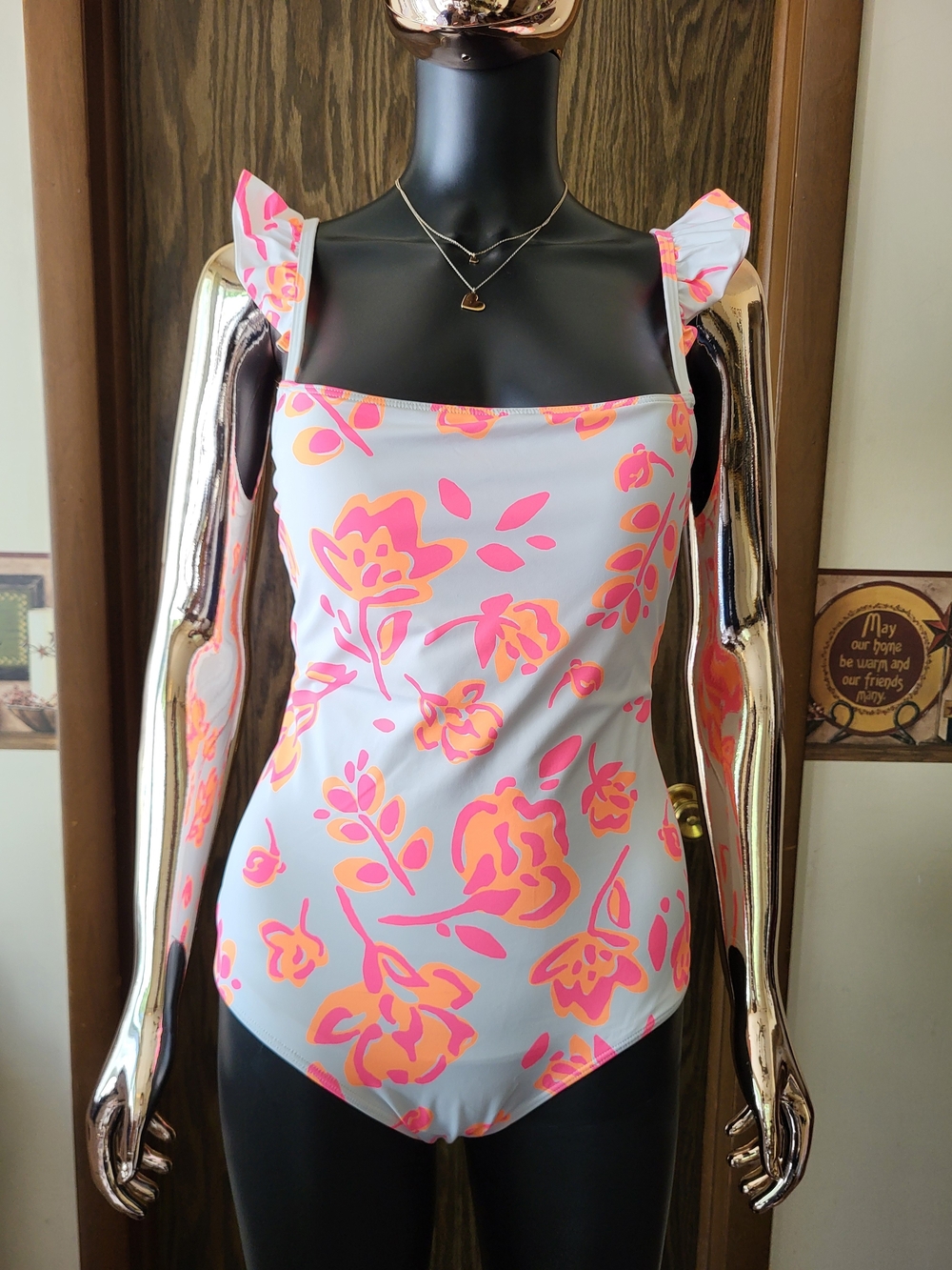 Vineyard Vines| White, Hot Pink & Orange Floral Ruffle Strap One-Piece Swimsuit